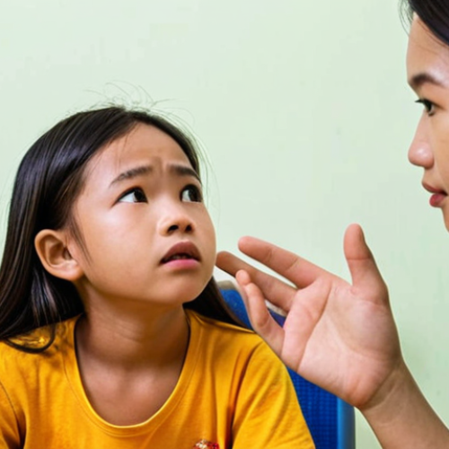 Home 4 ** A young intern attentively listening to a child during a counseling session, focusing on active listening and empathy. The setting is a bright and welcoming child counseling center in Vietnam.
**