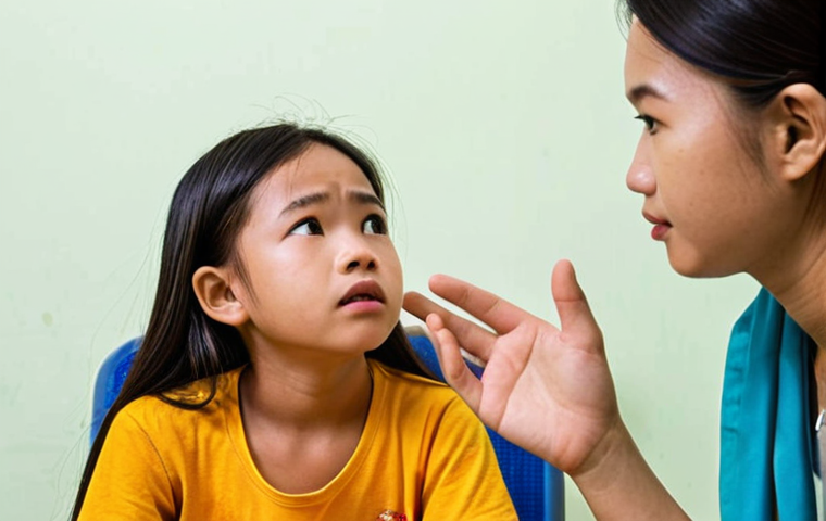 ** A young intern attentively listening to a child during a counseling session, focusing on active listening and empathy. The setting is a bright and welcoming child counseling center in Vietnam.
**