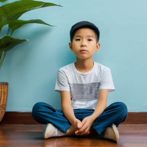 아동심리상담과 아동학대 사례 상담 - **Prompt:** A thoughtful young Vietnamese boy, around 7 years old, sits cross-legged on the floor of...