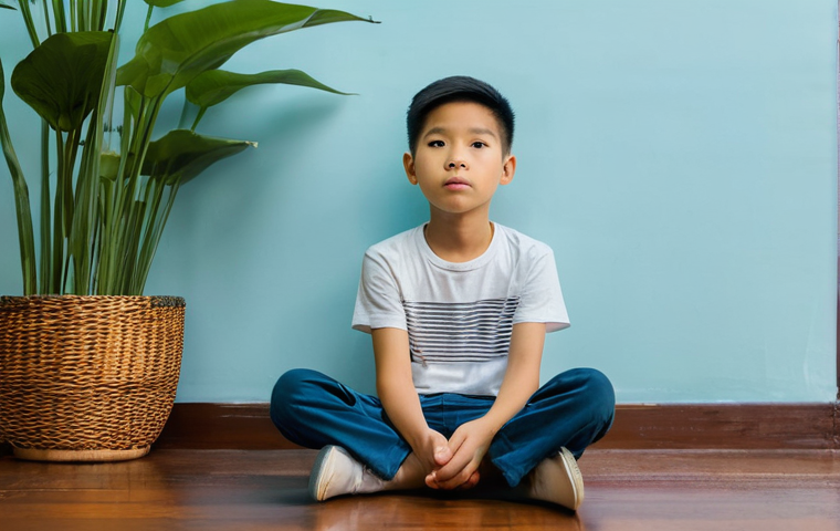 아동심리상담과 아동학대 사례 상담 - **Prompt:** A thoughtful young Vietnamese boy, around 7 years old, sits cross-legged on the floor of...