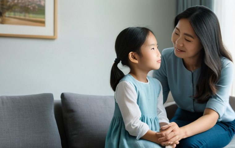 아동심리상담과 아동학대 사례 상담 - **Prompt:** A thoughtful young Vietnamese boy, around 7 years old, sits cross-legged on the floor of...