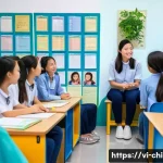 아동심리상담사와 학교 연계 프로그램 - A modern Vietnamese school counseling room with a young female school psychologist attentively liste...
