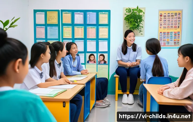 아동심리상담사와 학교 연계 프로그램 - A modern Vietnamese school counseling room with a young female school psychologist attentively liste...